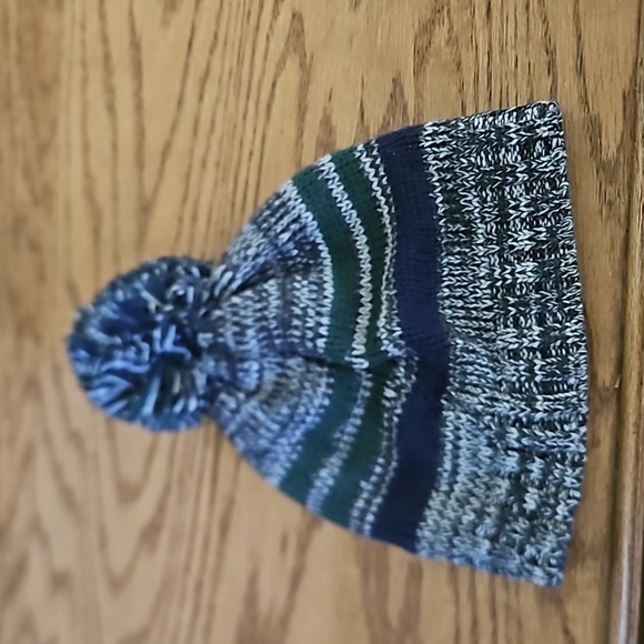 Homage Cable Knit Winter Hat - Variegated gray, navy, green pom pom - Picture 7 of 7
